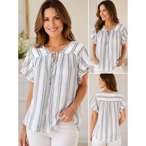 Rails Womens Striped Linen Blend Top White Blue Large
